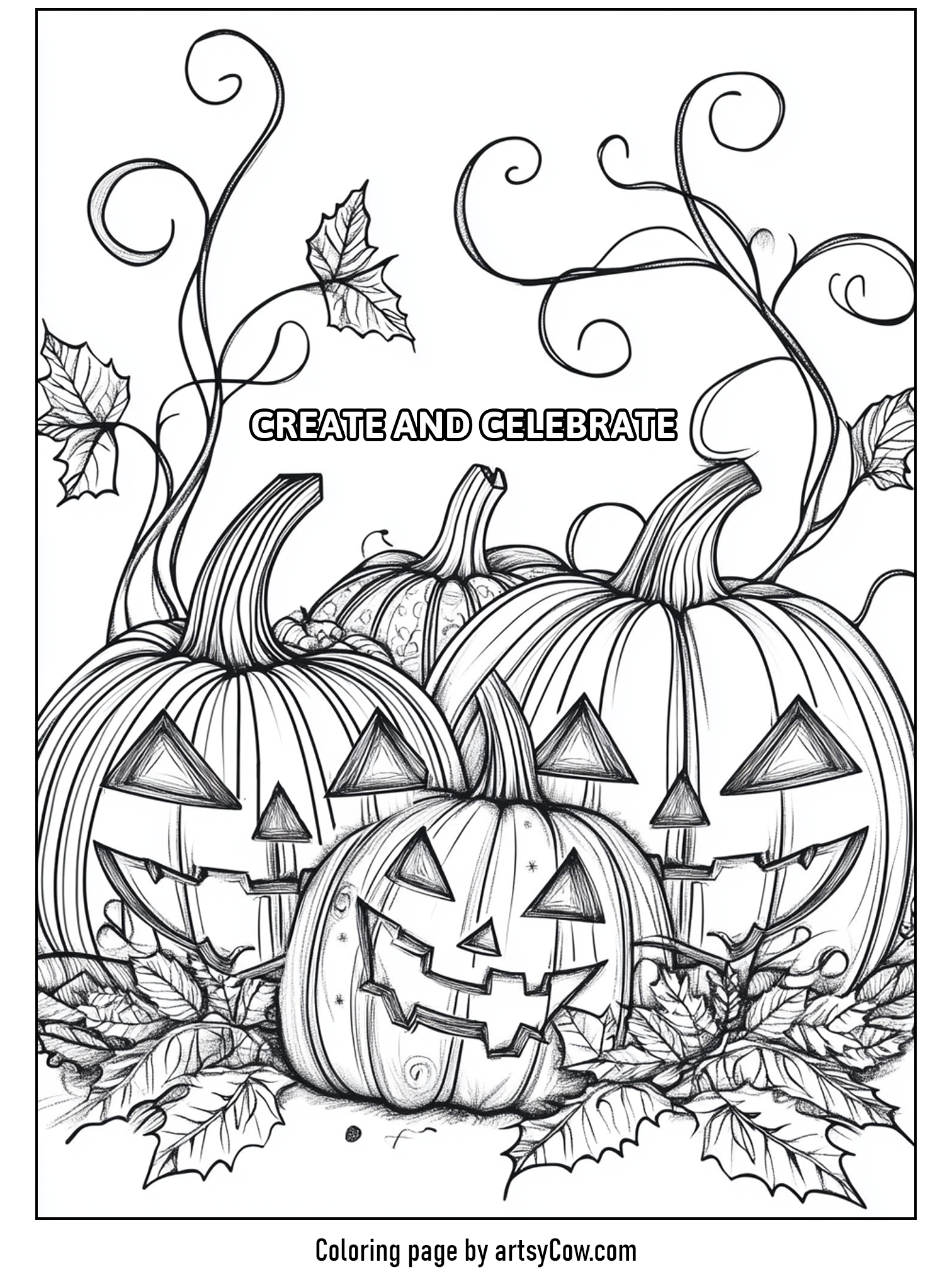 Thanksgiving coloring pages for adults featuring intricately designed pumpkins with swirly vines and leaves around them.